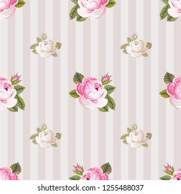 Pink roses seamless pattern on a pale striped background