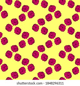 Pink roses, seamless pattern on yellow background.