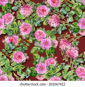 Pink roses seamless pattern on a red background vector