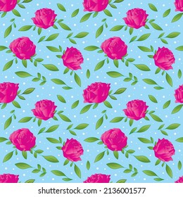 Pink roses seamless pattern on light blue background. Vector illustration.