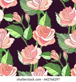 Pink roses seamless pattern on black background.