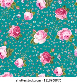 Pink roses seamless pattern. Print on a turquoise background