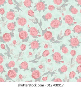 Pink roses seamless texture, wallpaper. Sketch doodle.