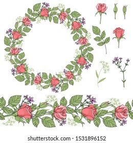 Pink roses seamless vector horizontal banner. Floral wedding wreath, vector. Circle of roses.