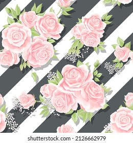 Pink roses seamless vector pattern with gray brushed stripes background. Texture for vintage decoration, bedding fabric, textile, dress cloth or linen