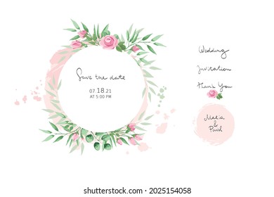 Pink roses -- set design elements for wedding invitations. Vector illustration, frame, backgrounds watercolor style. Calligraphic lettering collection.	