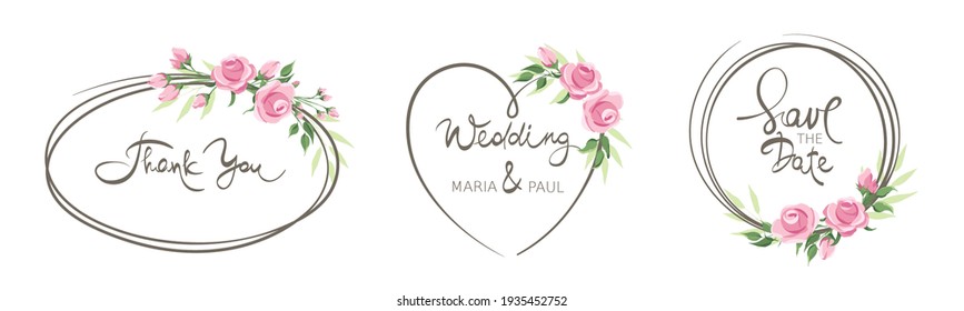 Pink roses -- set frames for invitations. Vector illustration, frame, backgrounds with design element in watercolor style. Calligraphic lettering collection.