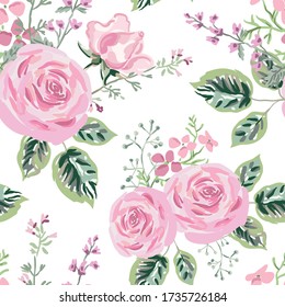 Pink roses, small flowers with green leaves bouquets, white background. Floral illustration. Vector seamless pattern. Botanical design. Nature summer plants. Romantic wedding