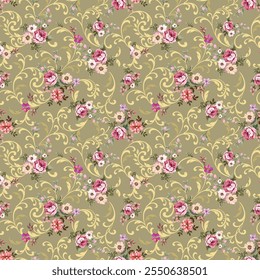 Pink roses and sweet flowers Combined with luxury golden Louis pattern, vintage style, seamless hand drawn on yellow background, designed for fabric, fashion, textile, wallpaper, gift wrap.