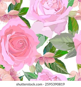 Pink roses, tender seamless for summer fabric or paper.