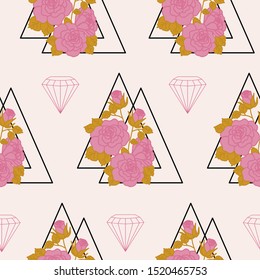 Pink roses, triangles and diamonds, in a seamless pattern design, perfect to use on the web or in print
