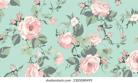 Pink roses and turquoise background. Flower pattern. Vectoral illustration.