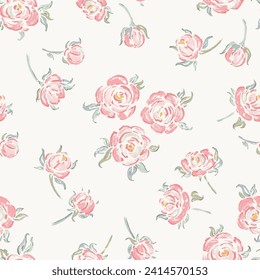 Pink Roses. Vector Rose Flower Seamless Pattern. Flowers and Leaves. Vintage Floral Background. Shabby chic Wallpaper. Millefleurs Liberty Style Design.