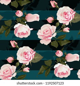 Pink roses vector seamles pattern. Realistic flowers on stripes background, floral texture