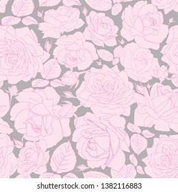 Pink roses vector seamless pattern. Floral light  background for textile, fabric, wallpapers, covers, print, decoupage, gift wrap. Design of abstract  flowers. Line drawing