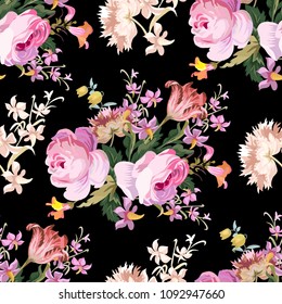 Pink roses vintage seamless pattern on a black background