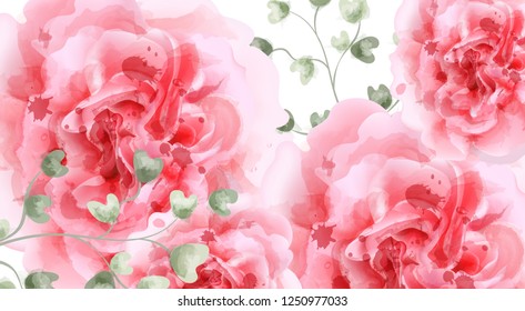Pink roses watercolor background Vector. Top view. Invitation card, wedding ceremony, delicate postcard, Women day greeting card. Beautiful colors