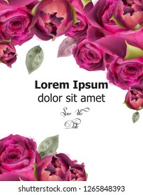 Pink roses watercolor banner template Vector. Invitation card, wedding ceremony, delicate postcard, Women day greeting card. Beautiful colors