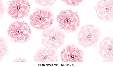 Pink Roses, Watercolor Floral Pattern, Vintage Flowers. Seamless Peony, Wedding Card Invitation Template, Print. Elegant Rustic Roses Drawn in Watercolor Style. Spring or Summer Floral Pastel Texture.