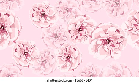 Pink Roses, Watercolor Floral Pattern, Vintage Flowers. Seamless Peony, Wedding Card Invitation Template, Print. Elegant Rustic Roses Drawn in Watercolor Style. Spring or Summer Floral Pastel Texture.