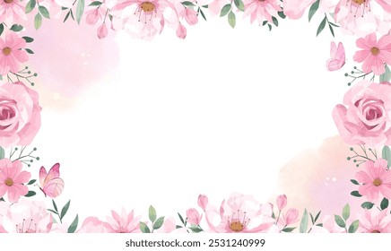pink roses watercolor frame  for wedding, birthday, card, background, invitation, wallpaper, sticker, decoration etc.