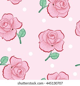 Pink roses and white dots on pink background vector seamless pattern