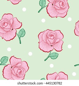 Pink roses and white dots on green background vector seamless pattern