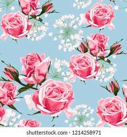 Pink roses and white herbs seamless pattern. Vintage blue background.