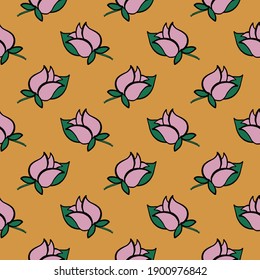 Pink rose,seamless pattern on yellow background.