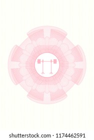 Pink rosette. Linear Illustration with barbell on rack icon inside