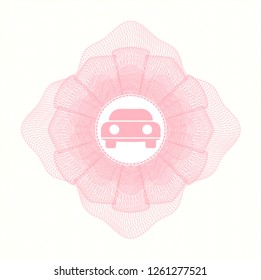 Pink rosette. Linear Illustration with car seen from front icon inside