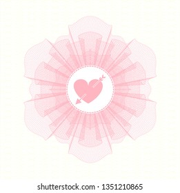 Pink rosette. Linear Illustration with heart with arrow icon inside