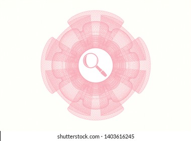 Pink rosette. Linear Illustration with magnifying glass icon inside