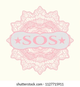 Pink rosette. Linear Illustration with text SOS inside