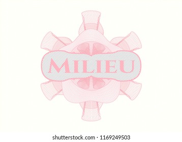 Pink rosette. Linear Illustration with text Milieu inside