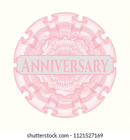 Pink rosette (money style emblem) with text Anniversary inside