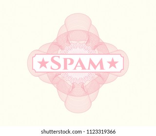 Pink rosette (money style emblem) with text Spam inside