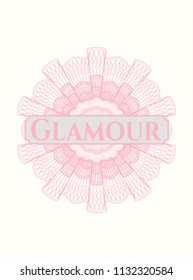 Pink rosette (money style emblem) with text Glamour inside