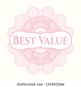 Pink rosette (money style emblem) with text Best Value inside