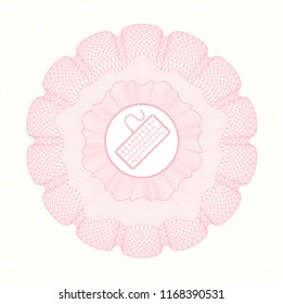 Pink rosette or money style emblem with keyboard icon inside