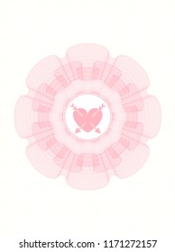 Pink rosette or money style emblem with heart with two arrows icon inside