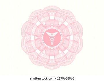 Pink rosette (money style emblem) with medicine icon inside
