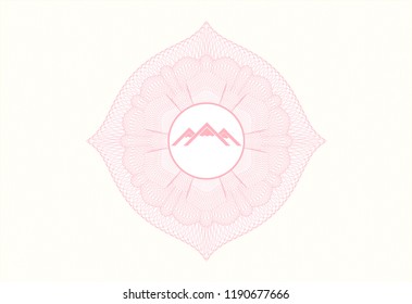 Pink rosette or money style emblem with mountain icon inside
