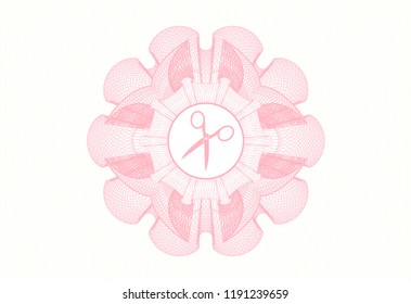Pink rosette (money style emblem) with scissors icon inside