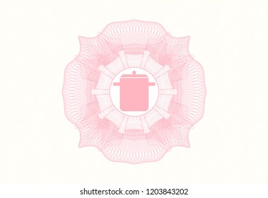 Pink rosette or money style emblem with cooking pot icon inside