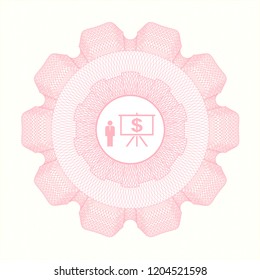 Pink rosette or money style emblem with business presentation icon inside