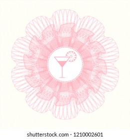 Pink rosette or money style emblem with cocktail glass icon inside