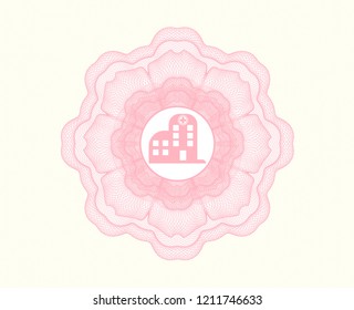 Pink rosette or money style emblem with hospital icon inside