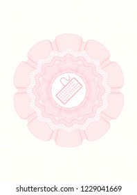 Pink rosette (money style emblem) with keyboard icon inside