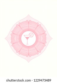Pink rosette or money style emblem with cocktail glass icon inside